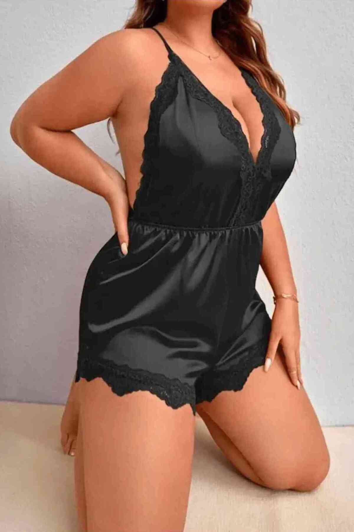kissbump büyük beden saten gecelik – dantelli siyah plus size model