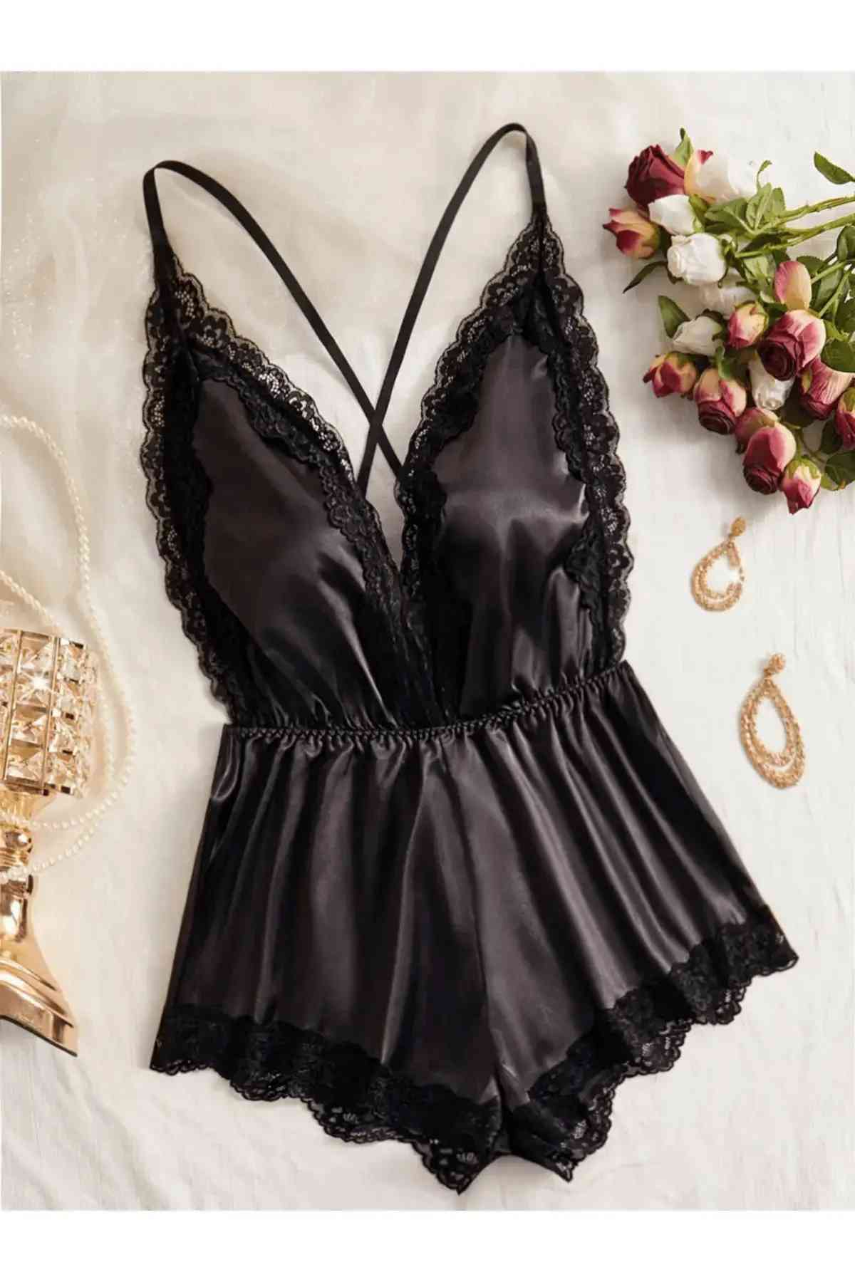 kissbump büyük beden saten gecelik – dantelli siyah plus size model