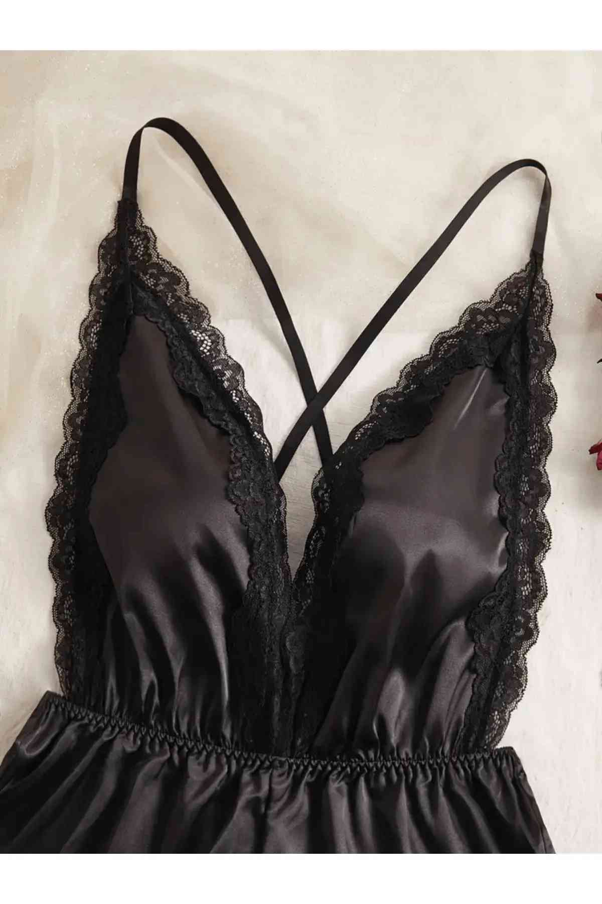 kissbump büyük beden saten gecelik – dantelli siyah plus size model