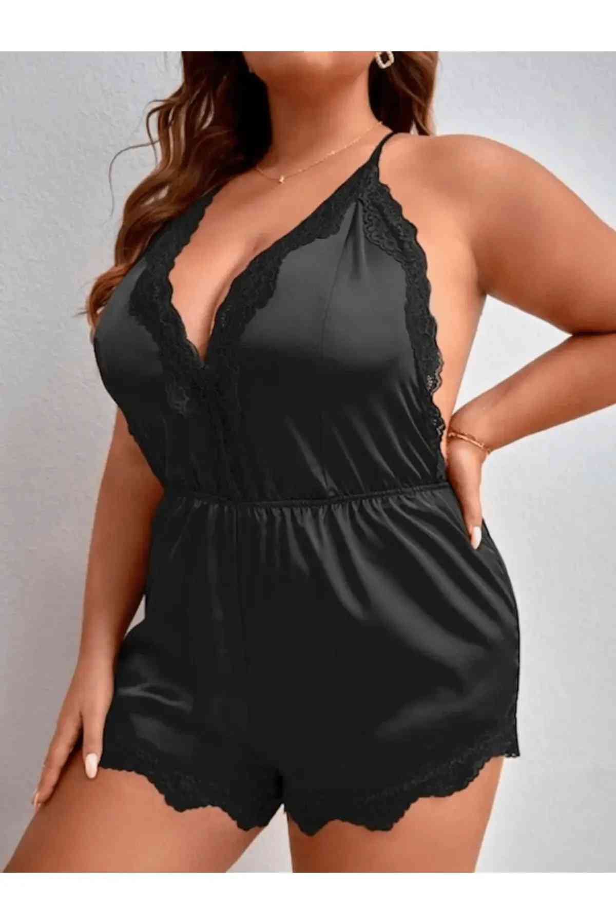 kissbump büyük beden saten gecelik – dantelli siyah plus size model