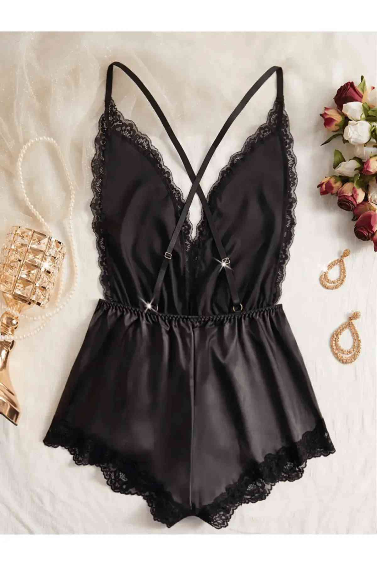 kissbump büyük beden saten gecelik – dantelli siyah plus size model