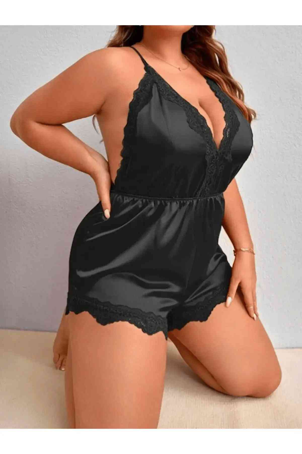 kissbump büyük beden saten gecelik – dantelli siyah plus size model