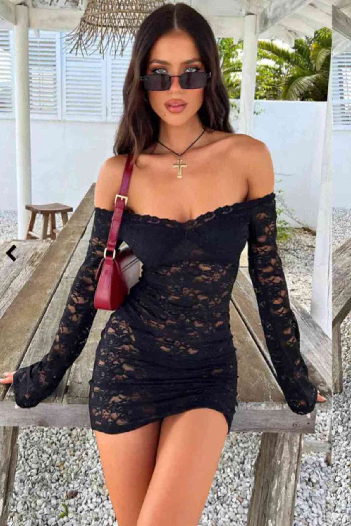 kissbump siyah dantel mini plaj elbisesi – büzgülü transparan yazlık model