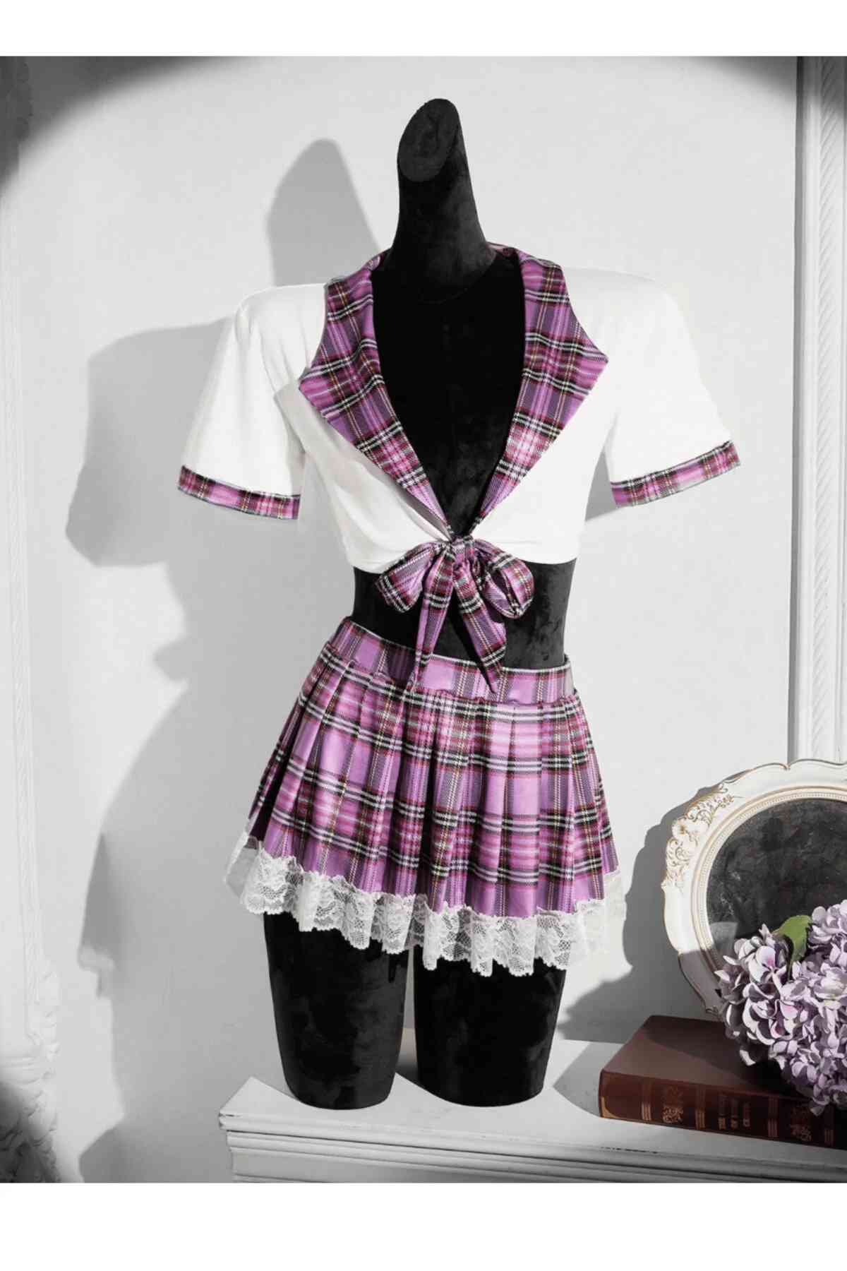 kissbump ekose mini etekli fantazi kostüm takımı – büstiyer, string ve jartiyer detaylı seksi İç giyim seti