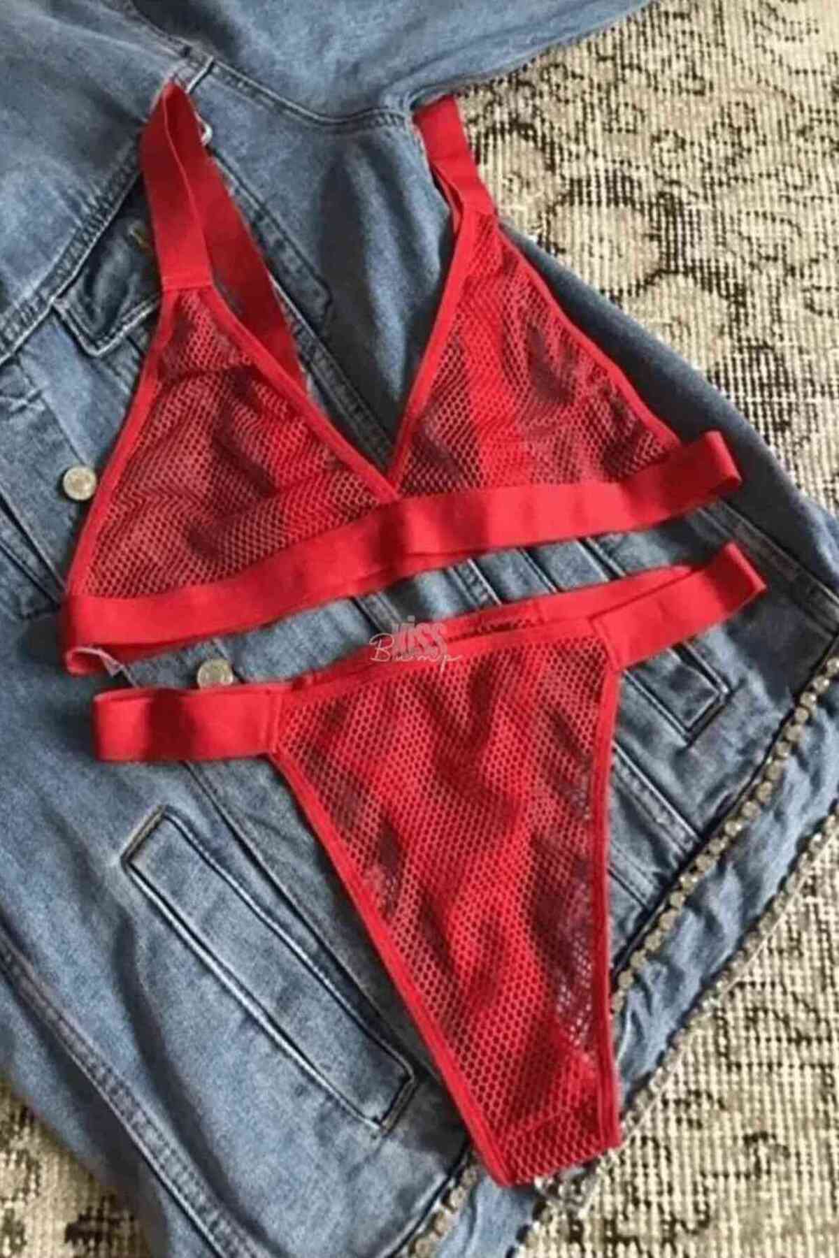 kissbump ateş kırmızısı fileli bralet takım – transparan kadın İç Çamaşırı seti