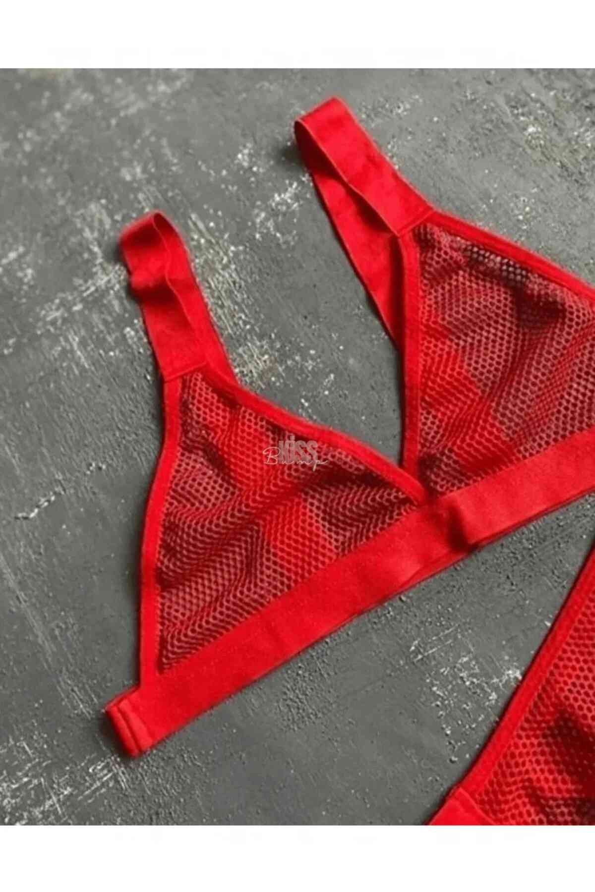 kissbump ateş kırmızısı fileli bralet takım – transparan kadın İç Çamaşırı seti