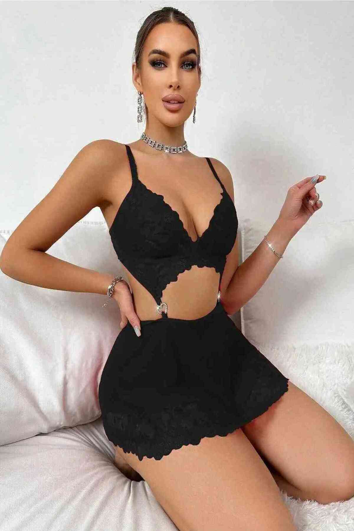 siyah dantel fantazi gecelik – taşlı kalp aksesuarlı seksi İç giyim, büyük beden seçenekli