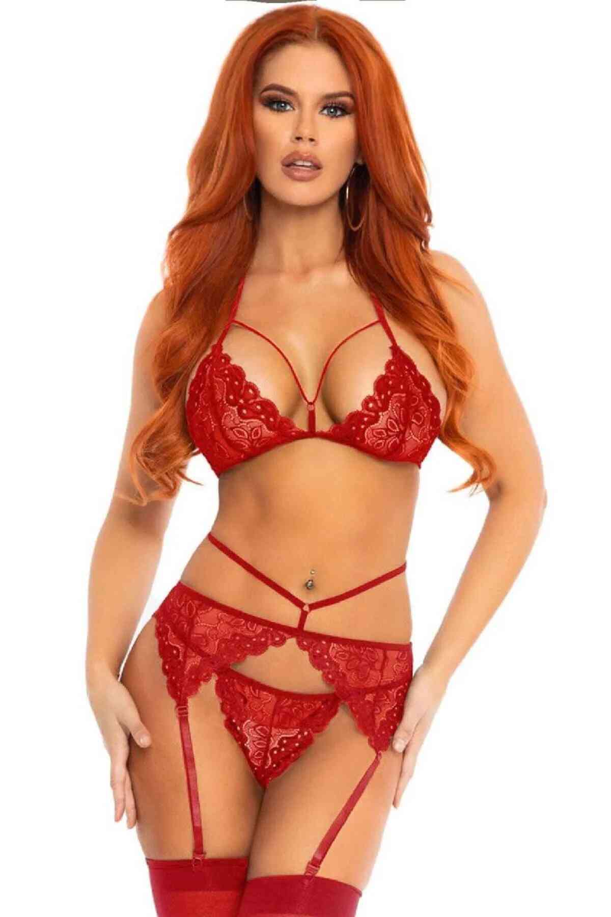 Home kissbump kırmızı dantel jartiyer takım – sütyen külot askılı fantazi İç giyim seti