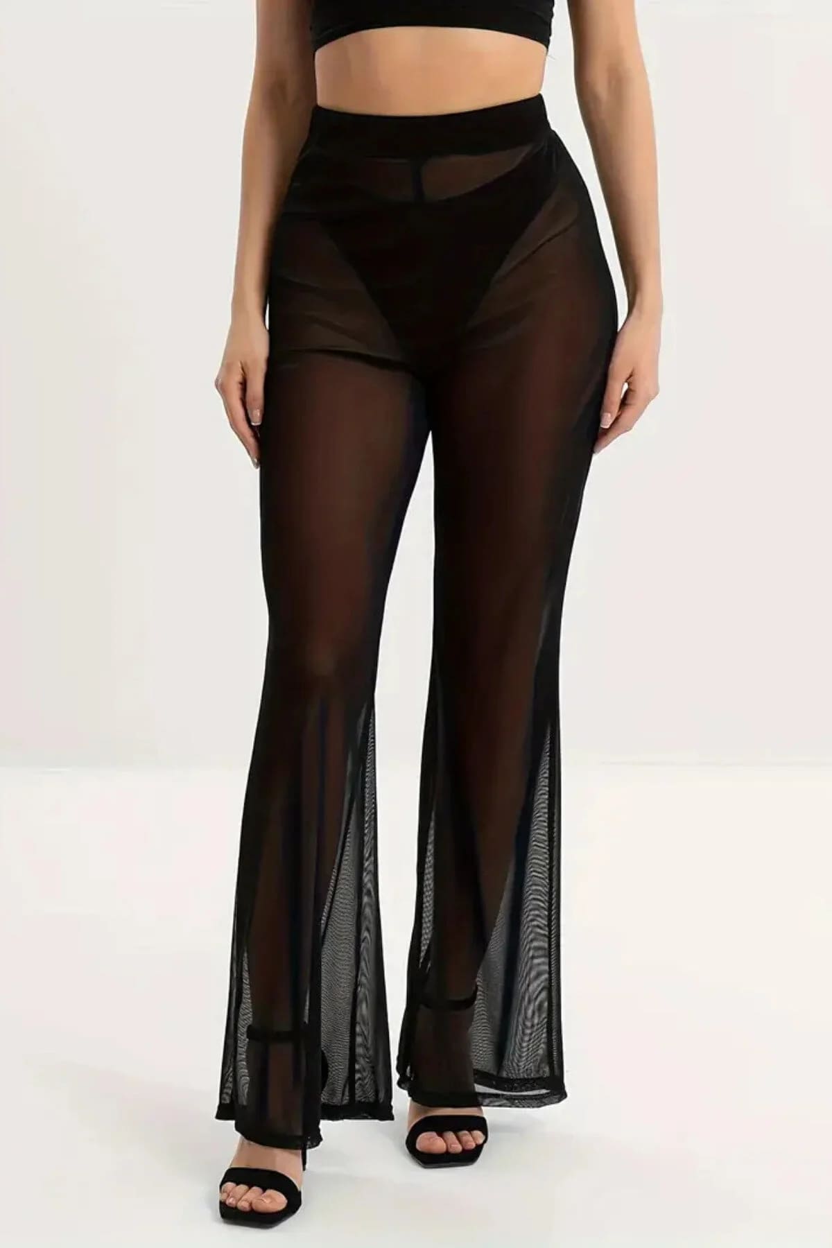 kissbump siyah file pareo pantolon – transparan plaj tül yüksek bel