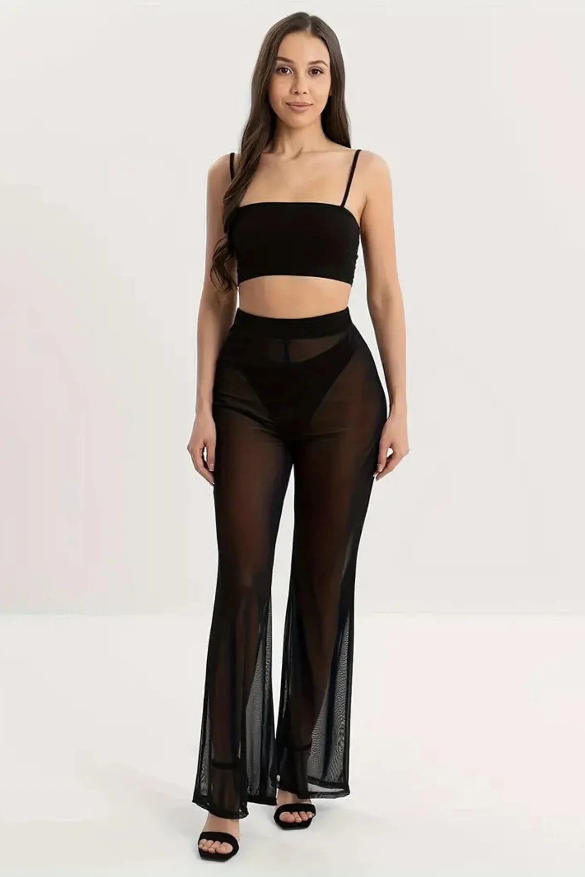 kissbump siyah file pareo pantolon – transparan plaj tül yüksek bel